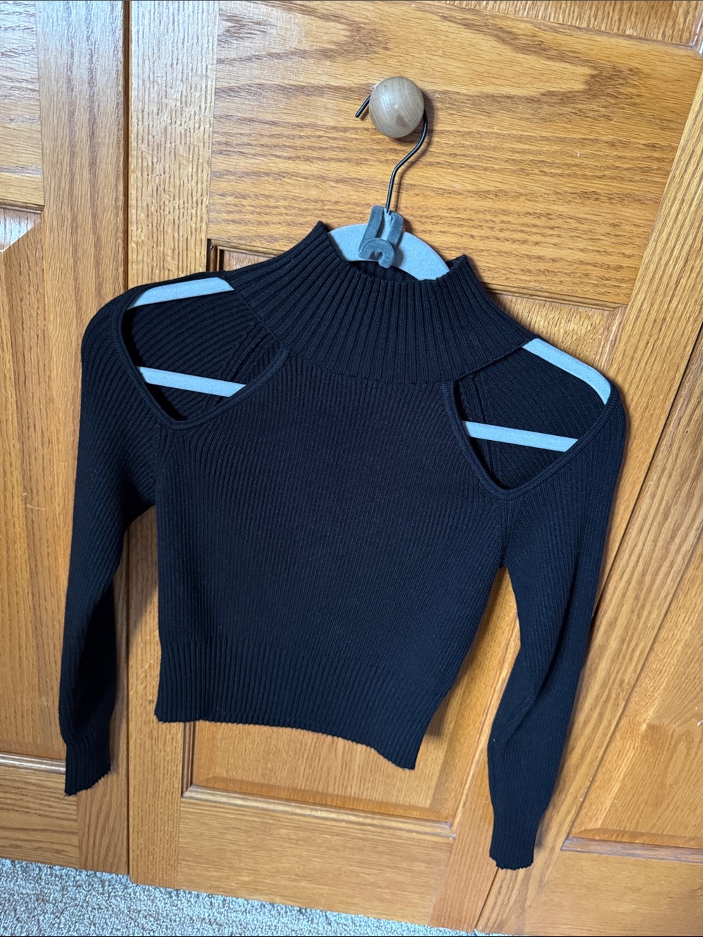 Black Ribbed Cold-Shoulder Mock Neck Crop Sweater